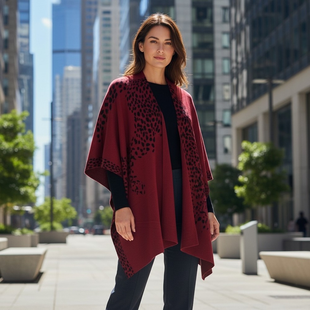 Chicos Womens Red Black Leopard Animal Print Open Front Knit Wrap Shawl L/XL